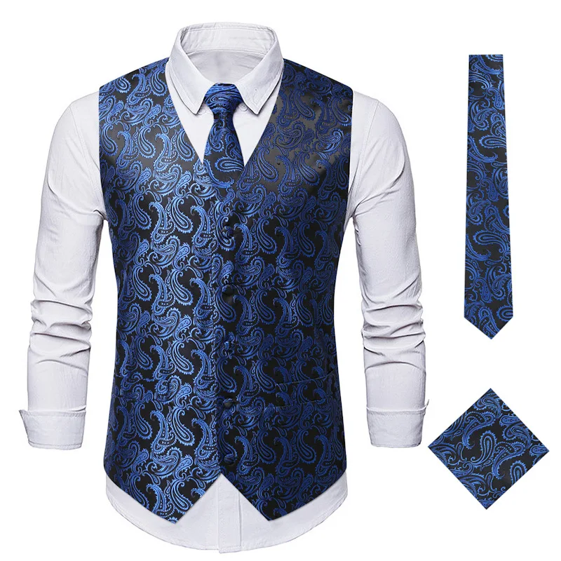 Royal Blue Men Paisley Vest 3PC Set Fashion Classic Jacquard Slim Fit Waistcoat Hankerchief Tie Suit Party Wedding Men Clothing
Royal Blue Men Paisley Vest 3PC Set Fashion Classic Jacquard Slim Fit Waistcoat Hankerchief Tie Suit Party Wedding Men Clothing