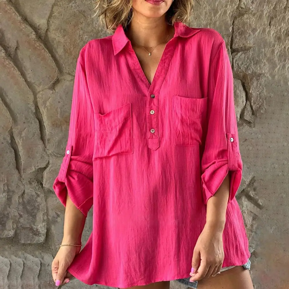 Solid Color Shirt Versatile Spring Autumn Lapel V-neck Shirt with Buttons Half Placket Patch Pockets Loose Fit for Effortless
Solid Color Shirt Versatile Spring Autumn Lapel V-neck Shirt with Buttons Half Placket Patch Pockets Loose Fit for Effortless