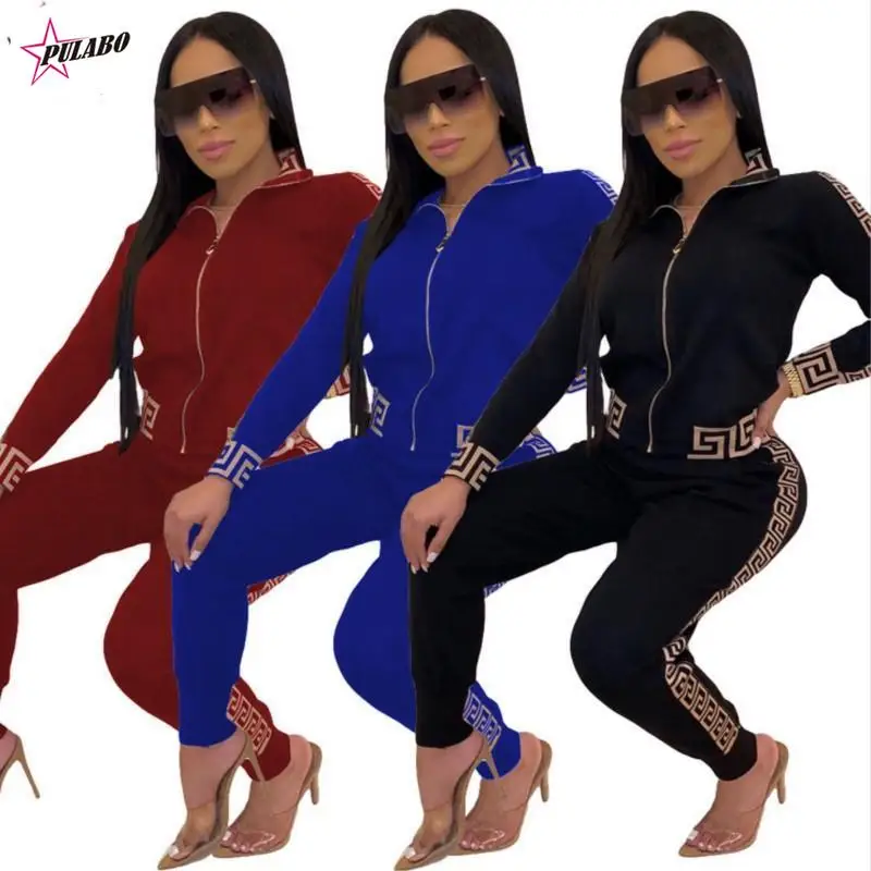 

2022 Tracksuits Women Elegant Two-Pieces Suit Sets Female Stylish Greek Fret Print Coat & Pant Zip Sets Joggers Women