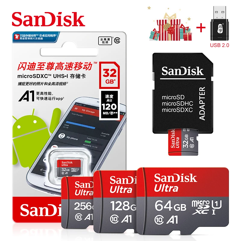 

100% SanDisk Memory Cards A1 camera card 32GB 64GB Micro sd card 100MB/s 128GB 256GB UHS-1 TF/SD microSD card reader adapter