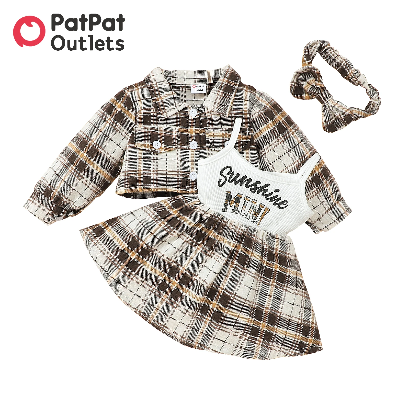 

PatPat 3pcs Newborn Baby Girl Clothes New Born Babies Items Costume 100% Cotton Plaid Rib Knit Spliced Cami Dress Headband Set