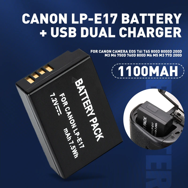 2Pcs LPE17 LP-E17 1100mAH Battery + LED USB Dual Charger For Canon EOS 200D M3 M6 750D 760D T6i T6s 800D 8000D Kiss X8i Cameras
2Pcs LPE17 LP-E17 1100mAH Battery + LED USB Dual Charger For Canon EOS 200D M3 M6 750D 760D T6i T6s 800D 8000D Kiss X8i Cameras