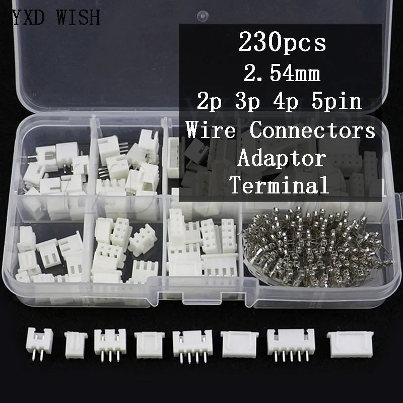 230pcs XH2.54 2p 3p 4p 5 pin 2.54mm Pitch Terminal Kit / Housing / Pin Header Connector Wire Connectors Adaptor XH DIY Kit
230pcs XH2.54 2p 3p 4p 5 pin 2.54mm Pitch Terminal Kit / Housing / Pin Header Connector Wire Connectors Adaptor XH DIY Kit