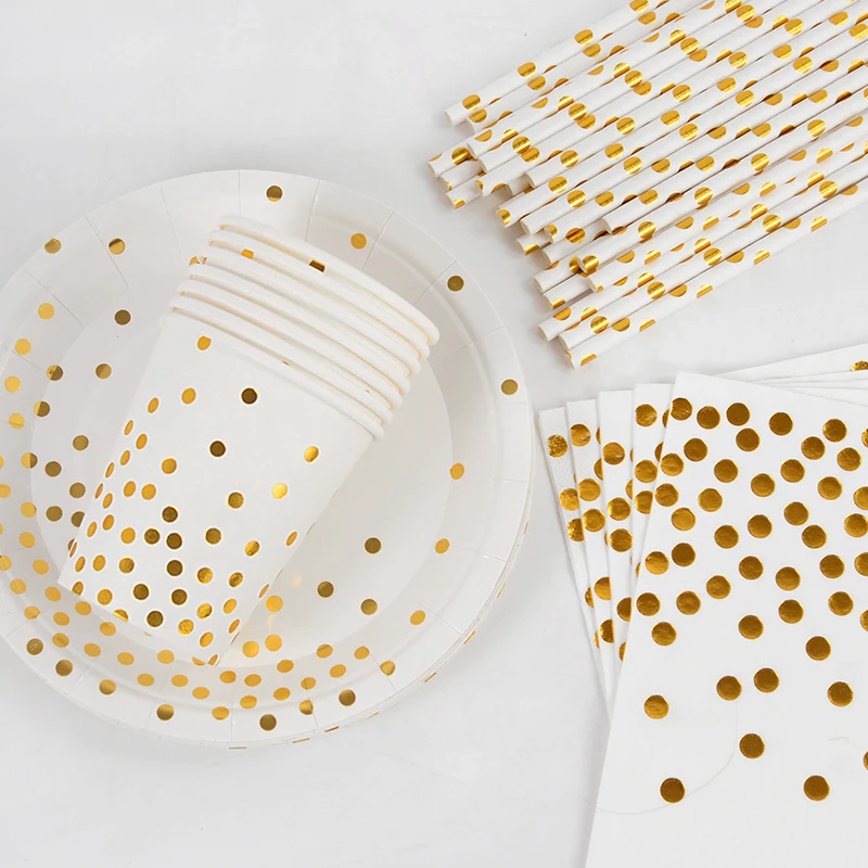 Gold Dot Disposable Party Tableware Set Wedding Party Supplies White Paper Plates Cups for Baby Shower Kids Birthday Party Decor
Gold Dot Disposable Party Tableware Set Wedding Party Supplies White Paper Plates Cups for Baby Shower Kids Birthday Party Decor