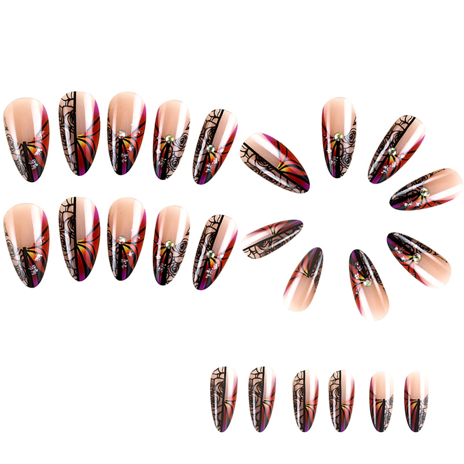 

24pcs Glossy French Fake Nail Pointed Tips Butterfly Rose Print Artificial Nail for Daily Lives Everyday Use