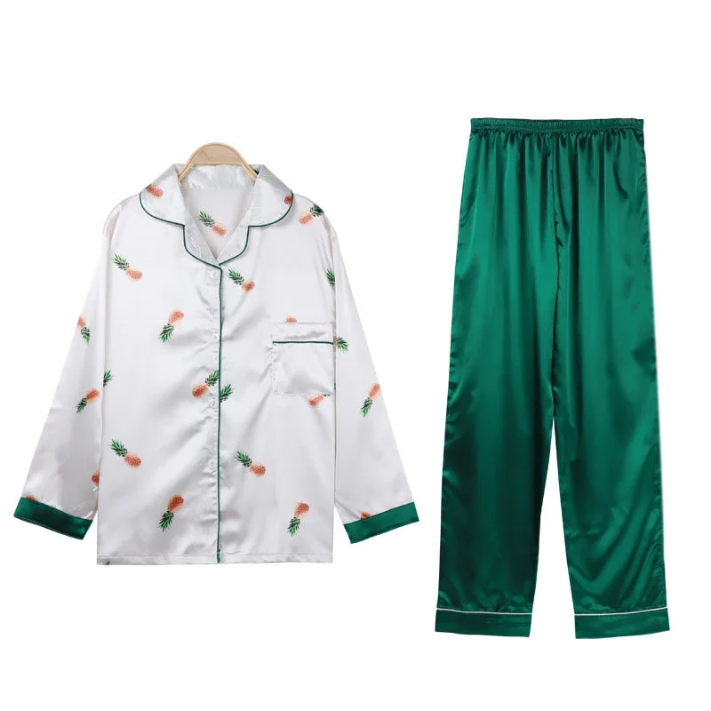 2023 7Pc Women Pajamas Bathrobe Green Silk Satin Suit Long-Sleeved Trousers Pineapple Pattern Chest Pad Sweet Fresh Home Service 
2023 7Pc Women Pajamas Bathrobe Green Silk Satin Suit Long-Sleeved Trousers Pineapple Pattern Chest Pad Sweet Fresh Home Service