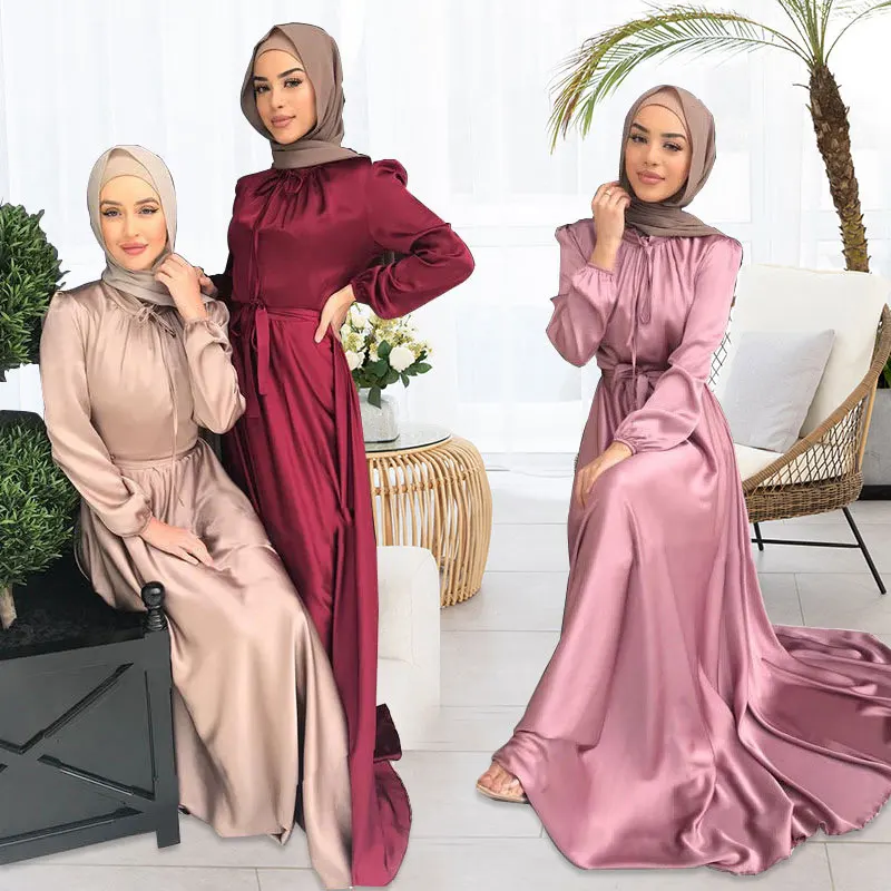 

New Europe And The United States Dubai Elegant Solid Color Lace Pleated Muslim Abaya Robe Women Sashes Long Sleeve Islamic Dress