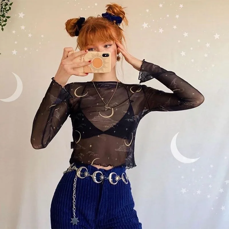 Y2k T-Shirt Tops See Through Cover Up Sun Moon Women Tshirt New Long Sleeve Sheer Slim Transparent Mesh T-Shirts Tops Sexy Club
Y2k T-Shirt Tops See Through Cover Up Sun Moon Women Tshirt New Long Sleeve Sheer Slim Transparent Mesh T-Shirts Tops Sexy Club