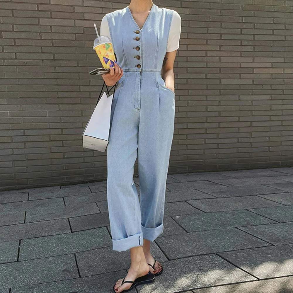 Women's Jumpsuit Versatile Buttoned Sleeveless V-Neck Denim Jumpsuit Commute Elegant Ladies Summer 2022 New Korea
Women's Jumpsuit Versatile Buttoned Sleeveless V-Neck Denim Jumpsuit Commute Elegant Ladies Summer 2022 New Korea