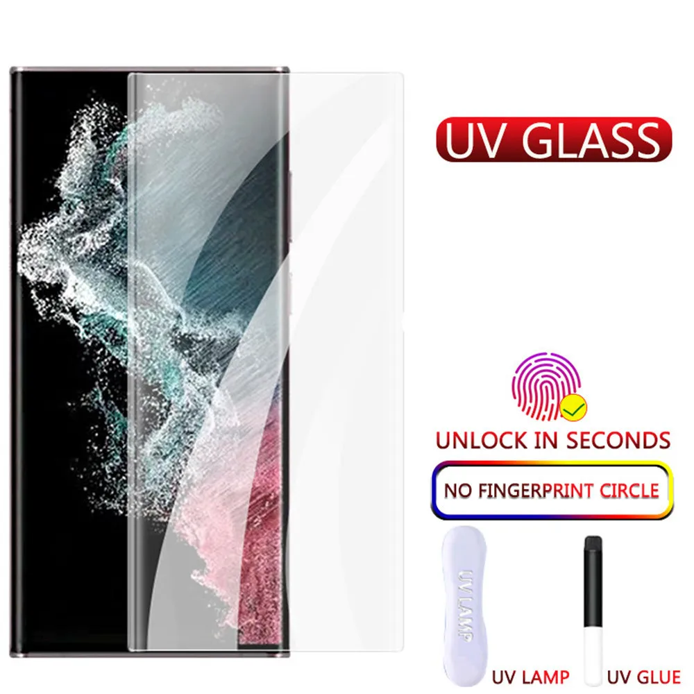 

9H Full Glue Curved UV Tempered Glass For Samsung Galaxy S23 Ultra S22 Ultra S8 S9 S10+ S20 S21+ Note 9 10 Screen Protector Film