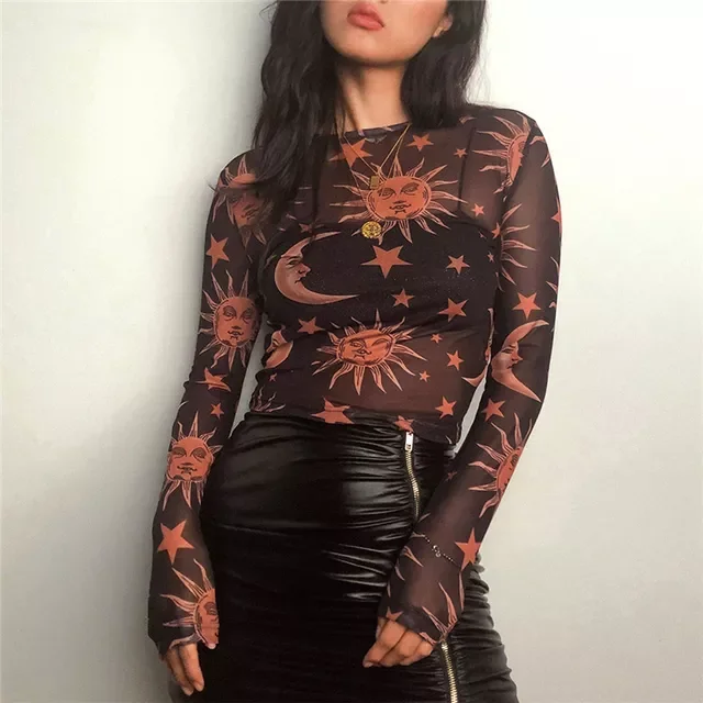 Sun Moon Printed Transparent Mesh Sexy T-Shirt Women O-Neck Long Sleeve Slim Basic Casual Female Tops 2021 Spring New
Sun Moon Printed Transparent Mesh Sexy T-Shirt Women O-Neck Long Sleeve Slim Basic Casual Female Tops 2021 Spring New