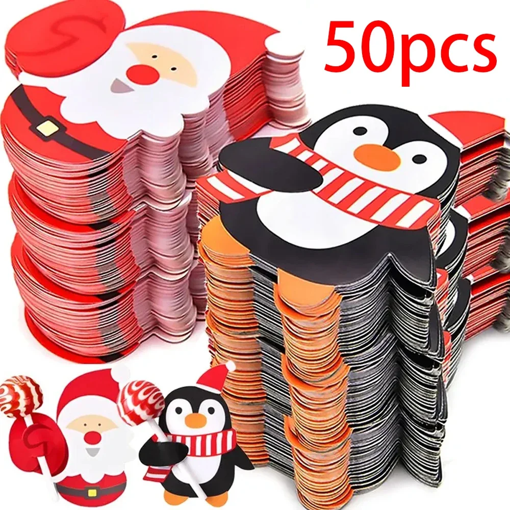 

Christmas Lollipop Paper Cards Cartoon Santa Claus Penguin Snowman Kids Candy Gifts Package Wrapping New Year Party Decoration