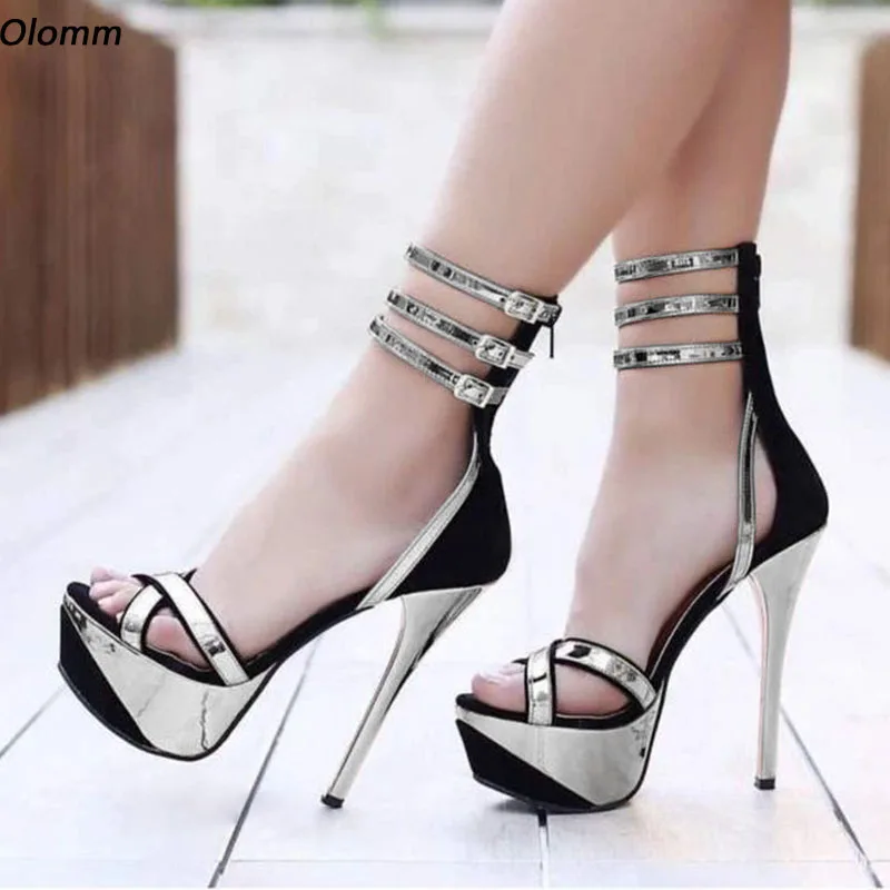 

Olomm Handmade Women Summer Platform Sandals Sexy Stiletto Heels Open Toe Gorgeous Silver Gold Champagne Club Shoes Size 35- 52