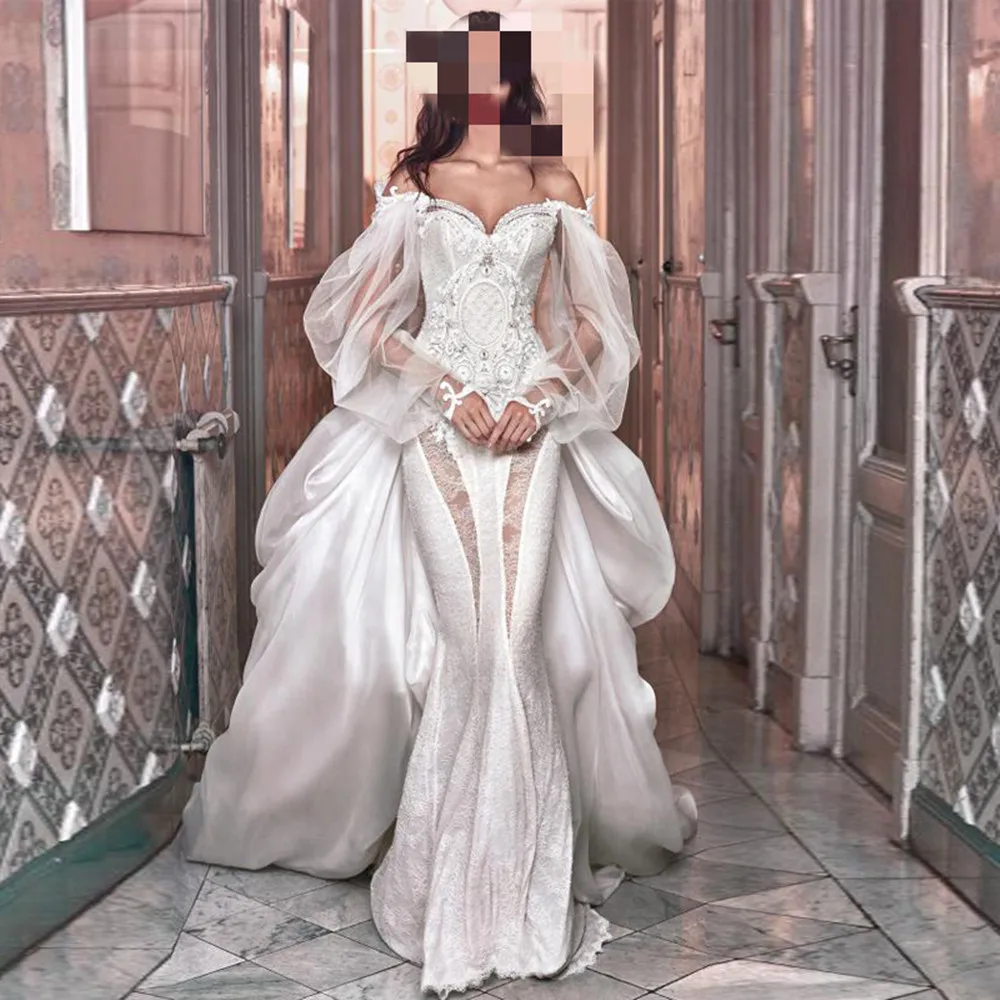 White Satin Lace Wedding Dress Bridal Gown Luxury Elegant Illusion Off Shoulder Long Sleeve Evening Dress Party with Detachable
White Satin Lace Wedding Dress Bridal Gown Luxury Elegant Illusion Off Shoulder Long Sleeve Evening Dress Party with Detachable