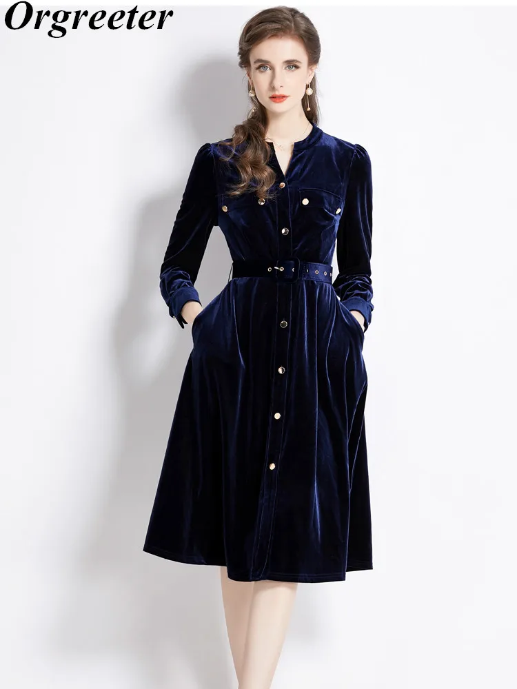 

Женское бархатное платье-миди с поясом, однотонное облегающее платье-трапеция с V-образным вырезом и длинным рукавом, в винтажном стиле, Осень-зима 2023