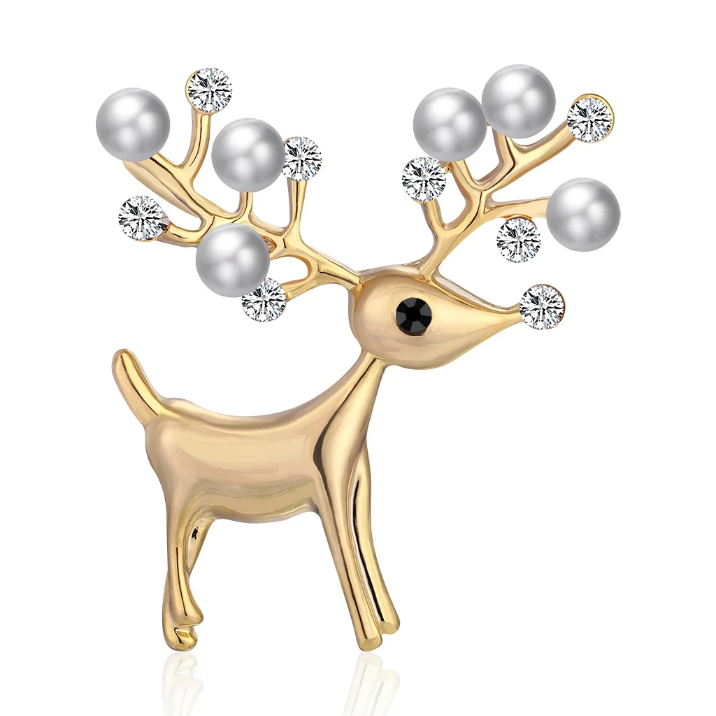 

TULX Christmas Deer Brooches For Women Rhinestone Pearl Sika Deer Animal Brooch Corsage Lapel Pin Party Office Casual Jewelry