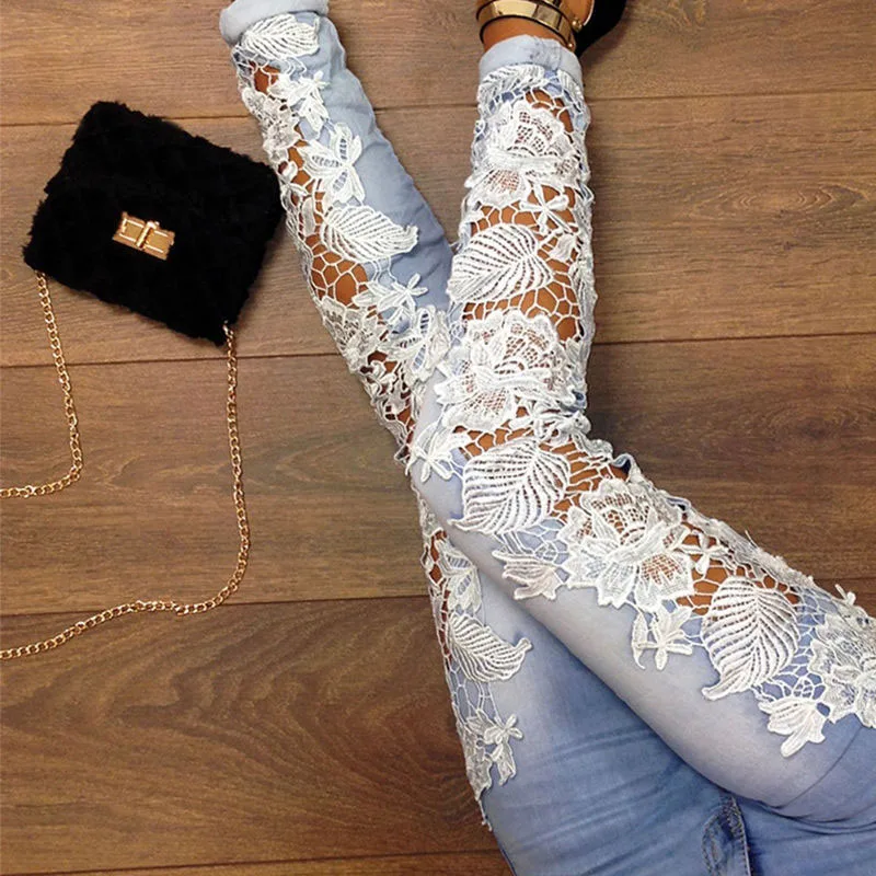 Stretch Lace Floral Side Spliced Denim Trousers Hollow Out Slim Pencil Pants Women Jeans Femme Pantalo
Stretch Lace Floral Side Spliced Denim Trousers Hollow Out Slim Pencil Pants Women Jeans Femme Pantalo