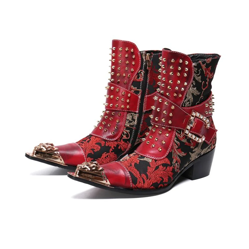 Red Printing Rivet Buckle Metal Genuine Leather High Heels Pointed Toe Boots Male Plus Size Punk Party Fashion Dress Shoes
Red Printing Rivet Buckle Metal Genuine Leather High Heels Pointed Toe Boots Male Plus Size Punk Party Fashion Dress Shoes