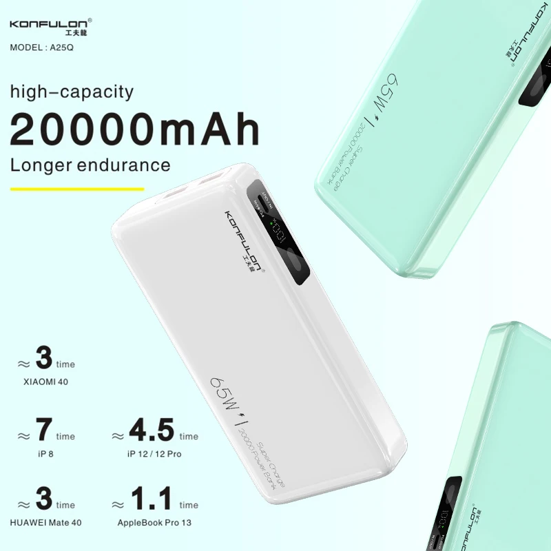 20000mAh Small Size 65W Fast Charging Power Bank Dual USB Ports Portable Outdoor Auxiliary Battery for Iphone Galaxy Xiaomi
20000mAh Small Size 65W Fast Charging Power Bank Dual USB Ports Portable Outdoor Auxiliary Battery for Iphone Galaxy Xiaomi