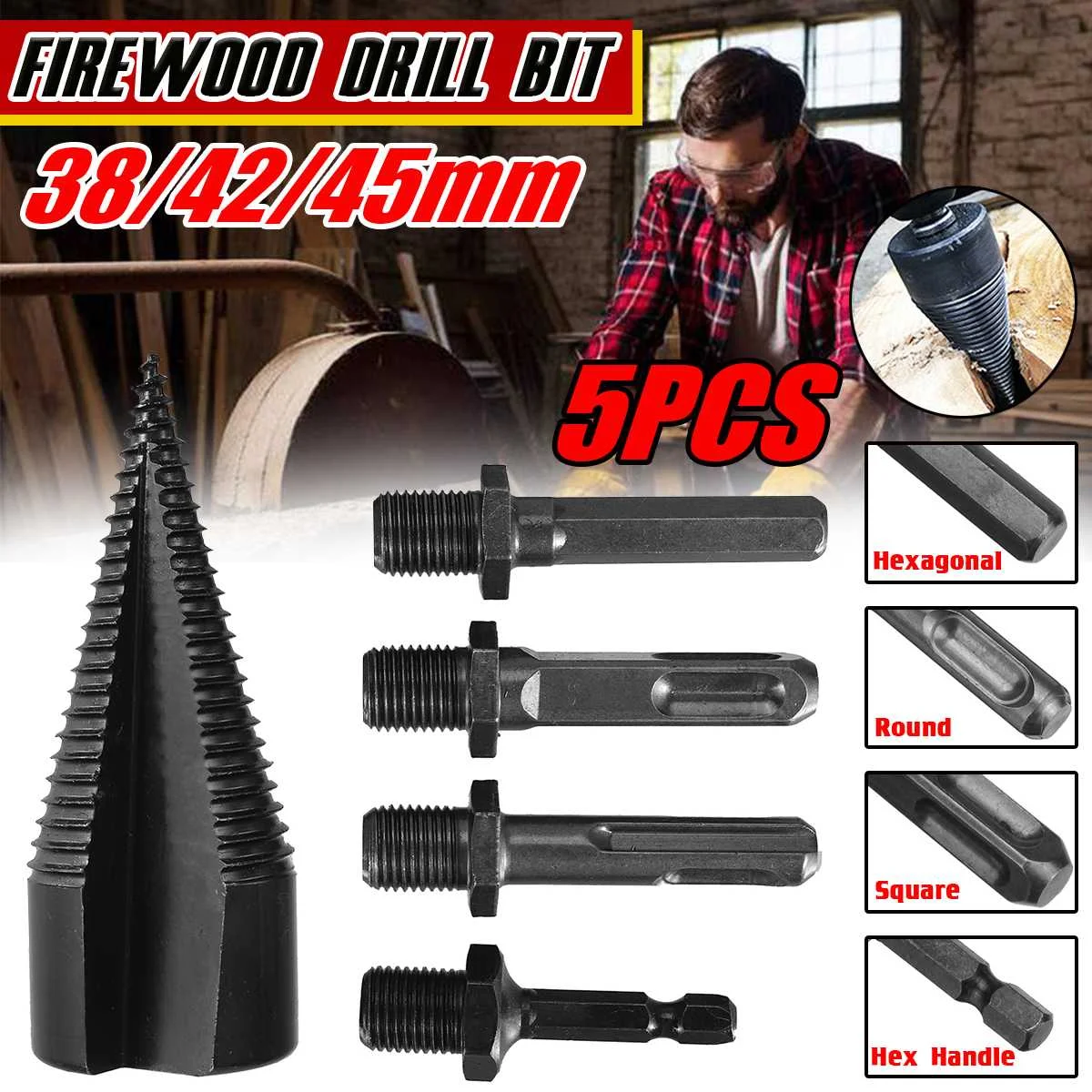 5PCS 38/42/45mm Firewood Splitter Drill Bit Round Hex Square Shank Wood Cone Reamer Punch Driver Step Drill Bit Woodworking Tool
5PCS 38/42/45mm Firewood Splitter Drill Bit Round Hex Square Shank Wood Cone Reamer Punch Driver Step Drill Bit Woodworking Tool