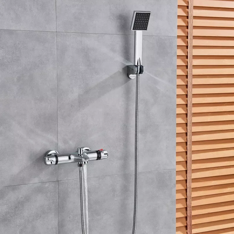 Chrome Thermostatic Shower Mixer Faucet Dual Handle Constant Temperature Shower Mixer Tap Handheld Bath Shower Set with Bracket
Chrome Thermostatic Shower Mixer Faucet Dual Handle Constant Temperature Shower Mixer Tap Handheld Bath Shower Set with Bracket