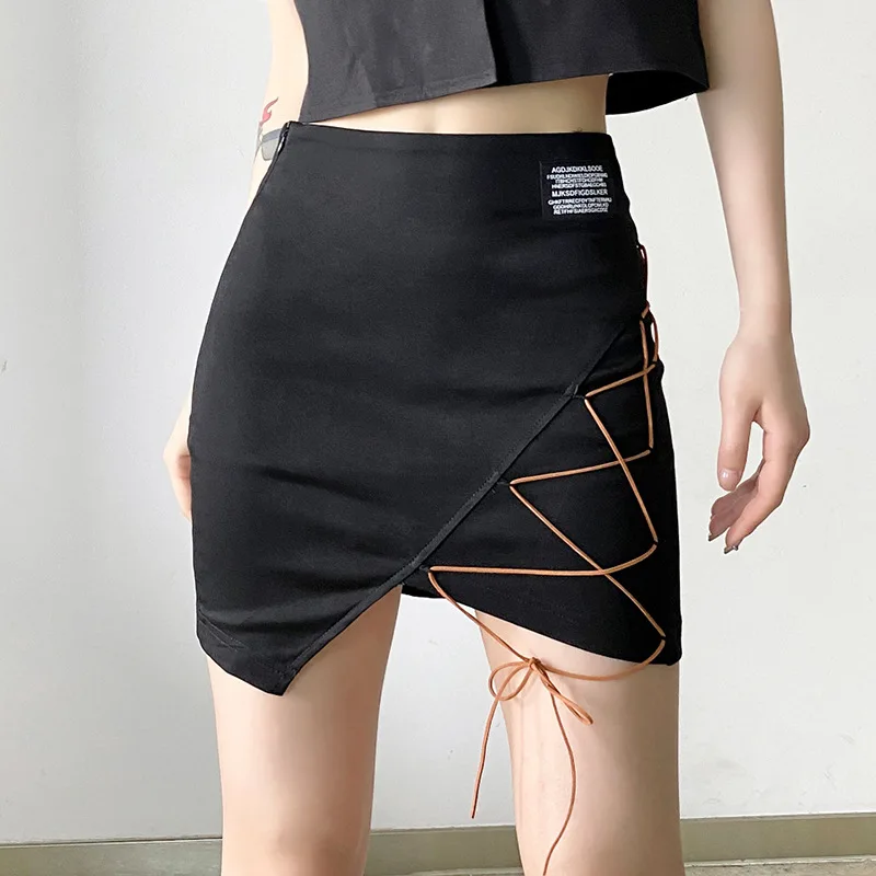 

Women Irregularity Black Skirts 2022 Summer High Waist Bandage OL Skirts Big Swing Y2K Clothes Jupe Longue Femme Ropa Mujer