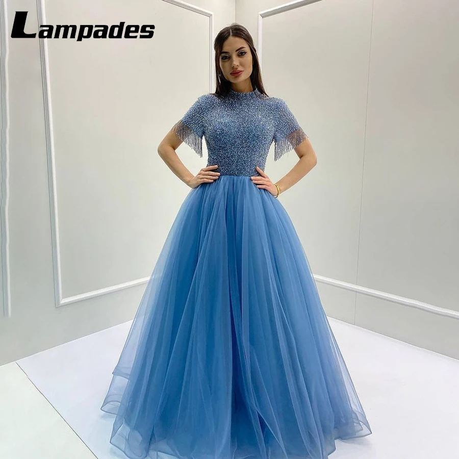 High Neckline Full Crystals Cap Sleeves Blue Tulle Prom Dress Party Wear Dresses For Women Vestido Elegante Mujer Para Invitada
High Neckline Full Crystals Cap Sleeves Blue Tulle Prom Dress Party Wear Dresses For Women Vestido Elegante Mujer Para Invitada