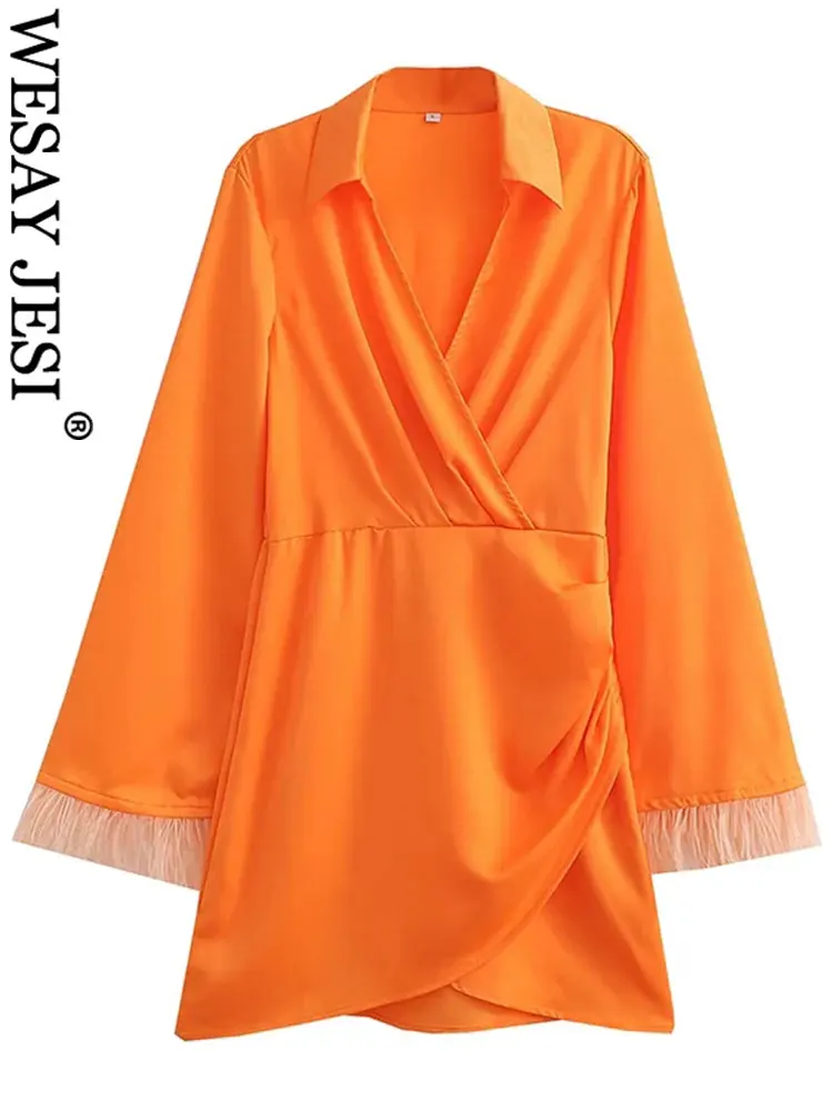 WESAY JESI Fashion Elegant Pullover Dress Lapel Asymmetric Pleat Overlap Slim Trumpet Sleeve Cuff Feather Solid Orange Short
WESAY JESI Fashion Elegant Pullover Dress Lapel Asymmetric Pleat Overlap Slim Trumpet Sleeve Cuff Feather Solid Orange Short
