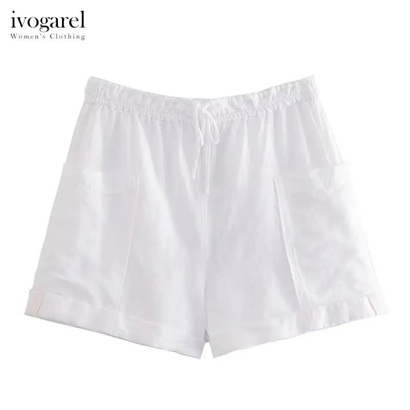 

Ivogarel Mid-Rise Linen Blend Cargo Shorts Traf Women's Summer Shorts Elasticated Waistband Adjustable Drawstrings Turn-Up Hems