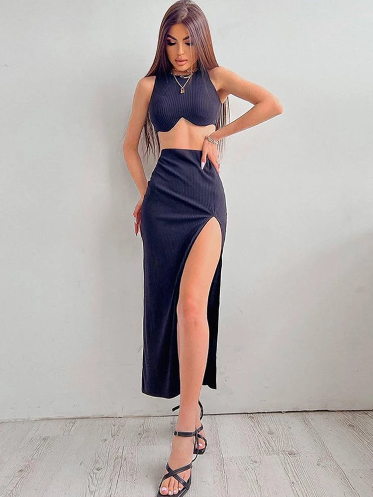 Ribbed Sleeveless Crop Top and Slit skirt two Pieces Matching Set Sexy Slim Summer Women Clothes Streetwear Party Skirt Suits
Ribbed Sleeveless Crop Top and Slit skirt two Pieces Matching Set Sexy Slim Summer Women Clothes Streetwear Party Skirt Suits