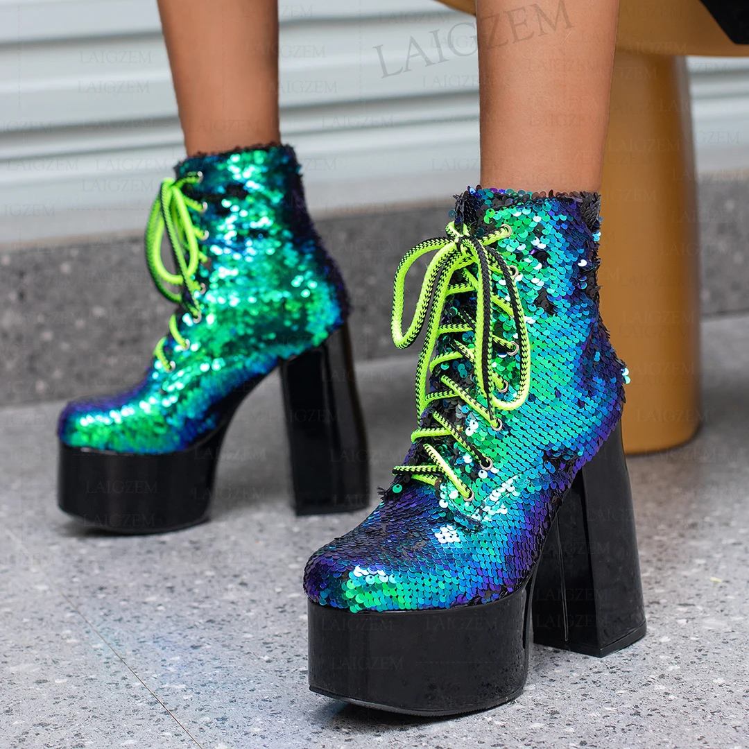LAIGZEM Women Ankle Boots Round Toe Glitter Platform 14CM Thick High Heels Short Booties Ladies Shoes Woman Size 35 37 40 43 46
LAIGZEM Women Ankle Boots Round Toe Glitter Platform 14CM Thick High Heels Short Booties Ladies Shoes Woman Size 35 37 40 43 46