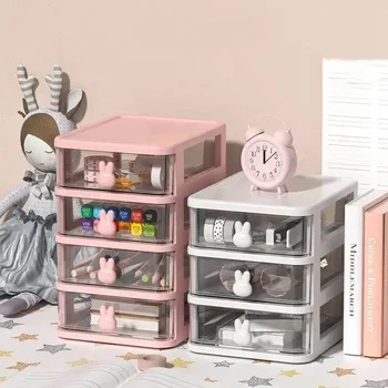 Cartoon Desktop Storage Box Transparent Small Drawer Desk Plastic Mini Storage Box Rabbit Stationery Storage Box