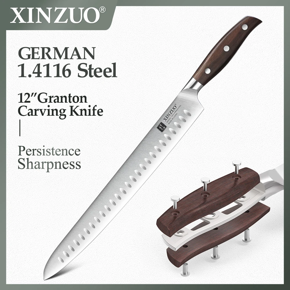 XINZUO 12'' Granton Carving Knife High Qual Sharp Stainless Steel Kitchen Knife German 1.4116 Steel Nature Red Sandalwood Handle
XINZUO 12'' Granton Carving Knife High Qual Sharp Stainless Steel Kitchen Knife German 1.4116 Steel Nature Red Sandalwood Handle