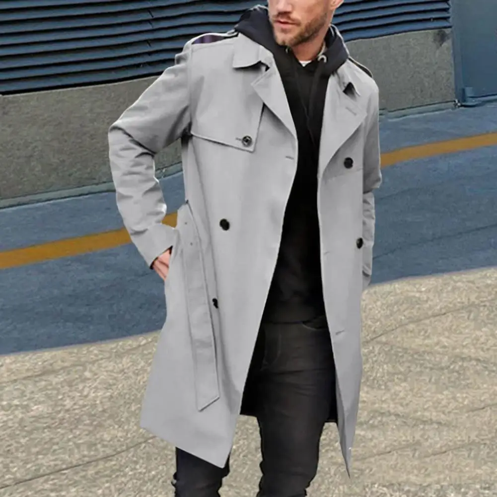 

Ветровка мужская с отложным воротником, двубортная приталенная длинная куртка с поясом и карманами, уличная одежда, осень-зима
