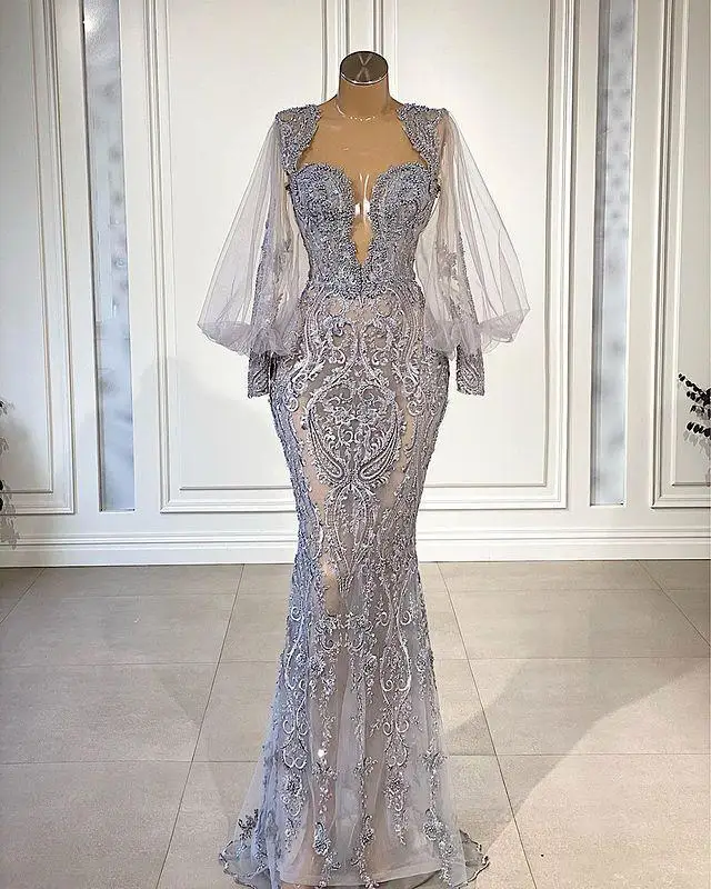 Silver Lace Applique Mermaid Evening Dresses Illusion Long Sleeve Sweetheart Arabic Aso Ebi Prom Reception Engagement gown
Silver Lace Applique Mermaid Evening Dresses Illusion Long Sleeve Sweetheart Arabic Aso Ebi Prom Reception Engagement gown