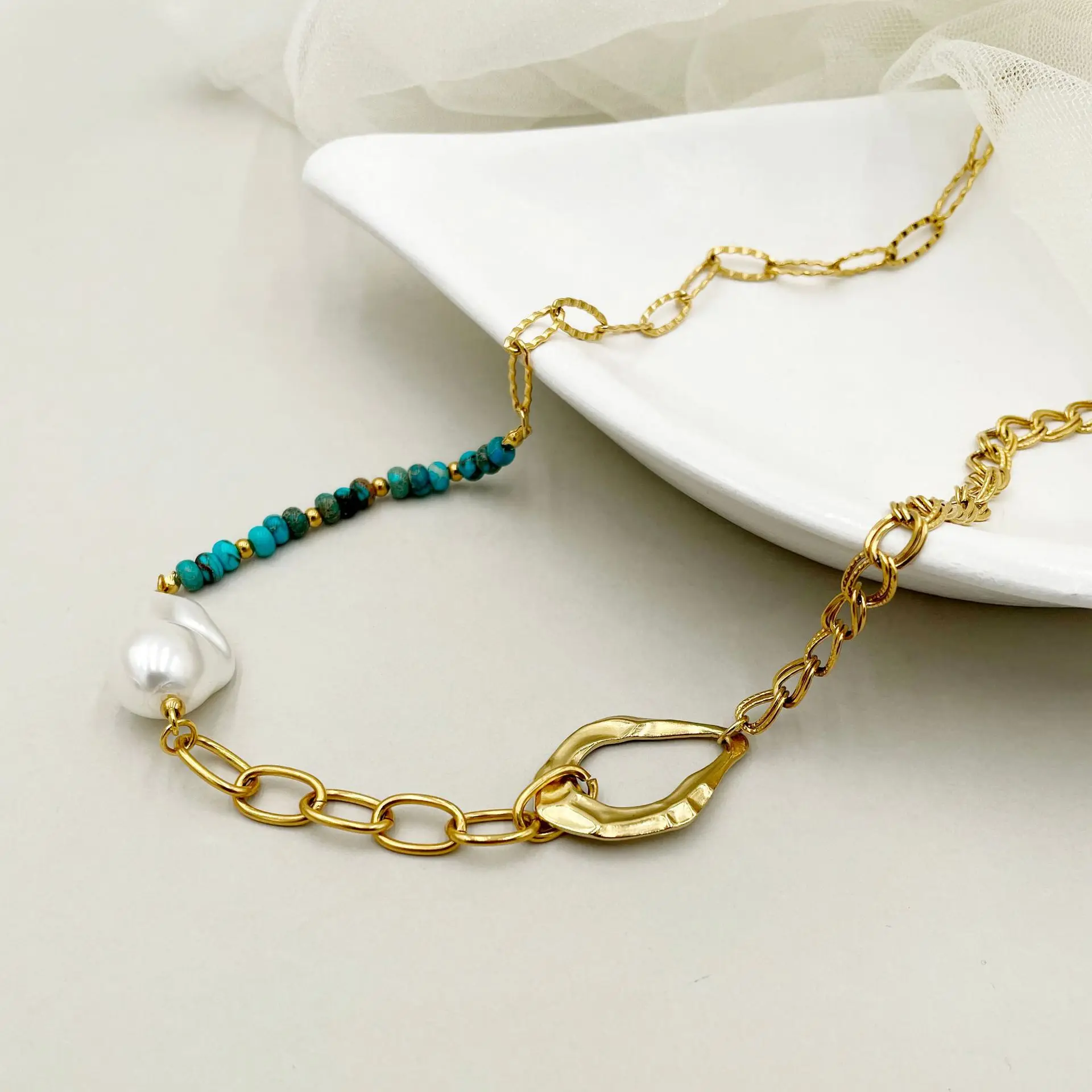 

Irregular Geometry Natural Pearl Titanium Steel Necklace Blue turquoise Fashion Bohemia Versatile Popular Jewellery