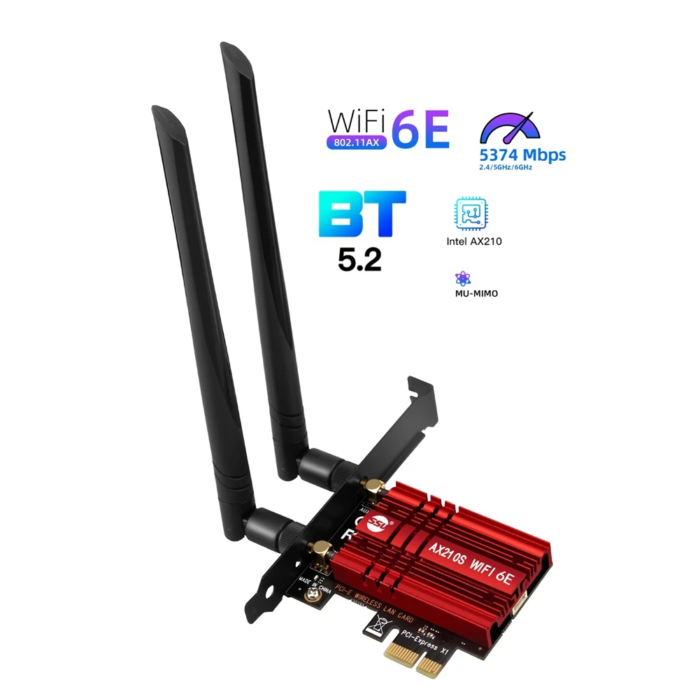 SSU 5374Mbps Wi-Fi 6E PCIE Wireless WiFi Adapter Bluetooth 5.2 Tri-Band 2.4G/5G/6Ghz PCI Express 802.11AX AX210 Card
SSU 5374Mbps Wi-Fi 6E PCIE Wireless WiFi Adapter Bluetooth 5.2 Tri-Band 2.4G/5G/6Ghz PCI Express 802.11AX AX210 Card