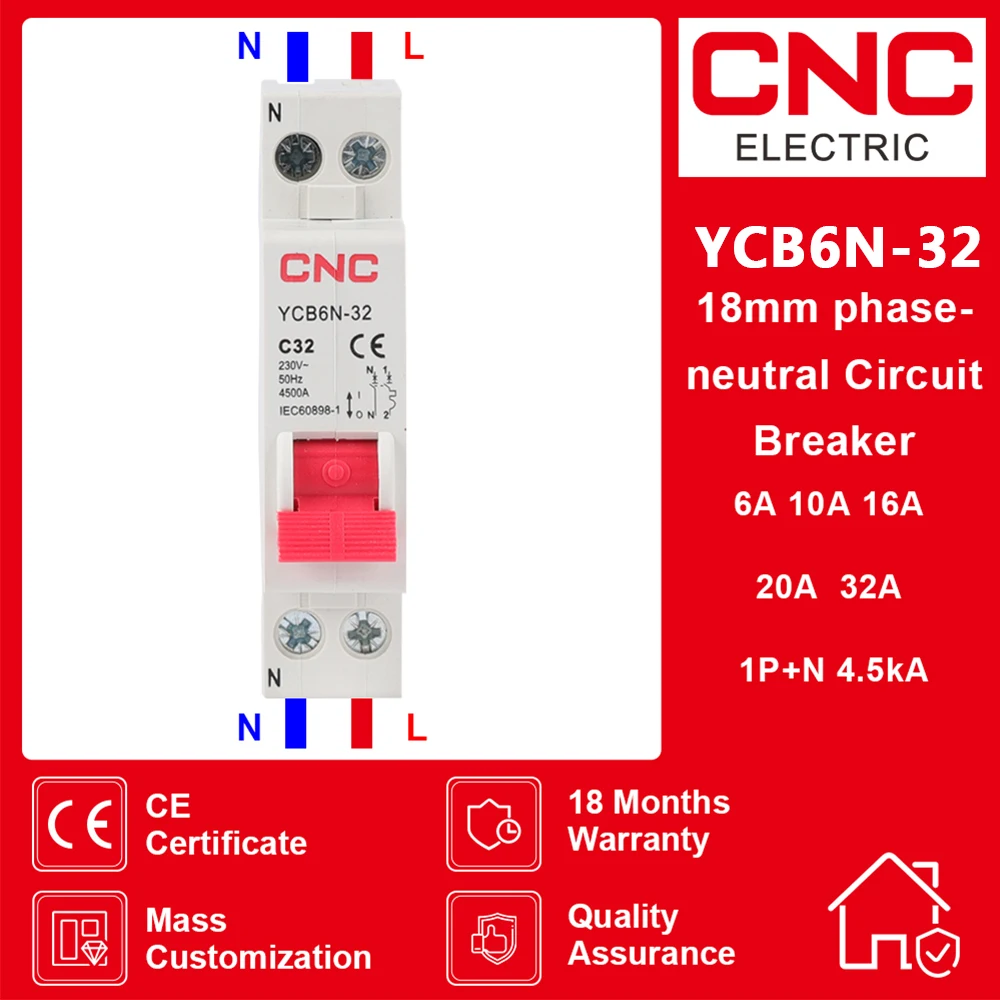 Автомат защити цепи CNC YCB6N-32 1P+N 6/10/16/20/25/32А 
Автомат защити цепи CNC YCB6N-32 1P+N 6/10/16/20/25/32А
