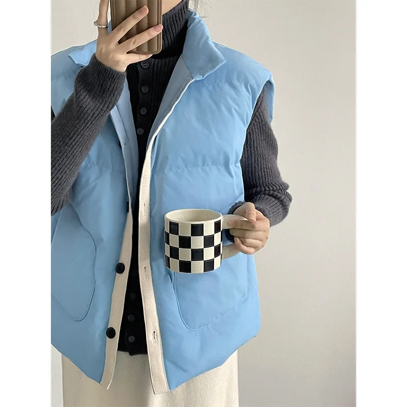 Women's Striped Trim Colorblock Stand Collar Cotton Padded Vest Blue Brown White Warm Sleeveless Jacket Cotton Coat 2022 Winter
Women's Striped Trim Colorblock Stand Collar Cotton Padded Vest Blue Brown White Warm Sleeveless Jacket Cotton Coat 2022 Winter