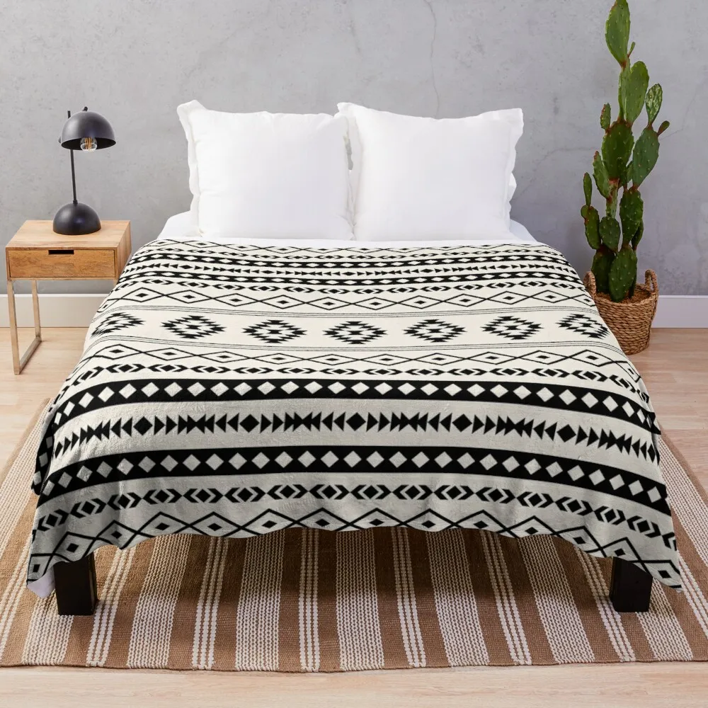 

Aztec Black on Cream Mixed Motifs Pattern Throw Blanket Print on Demand Decorative Sherpa Blankets for Sofa bed Gift