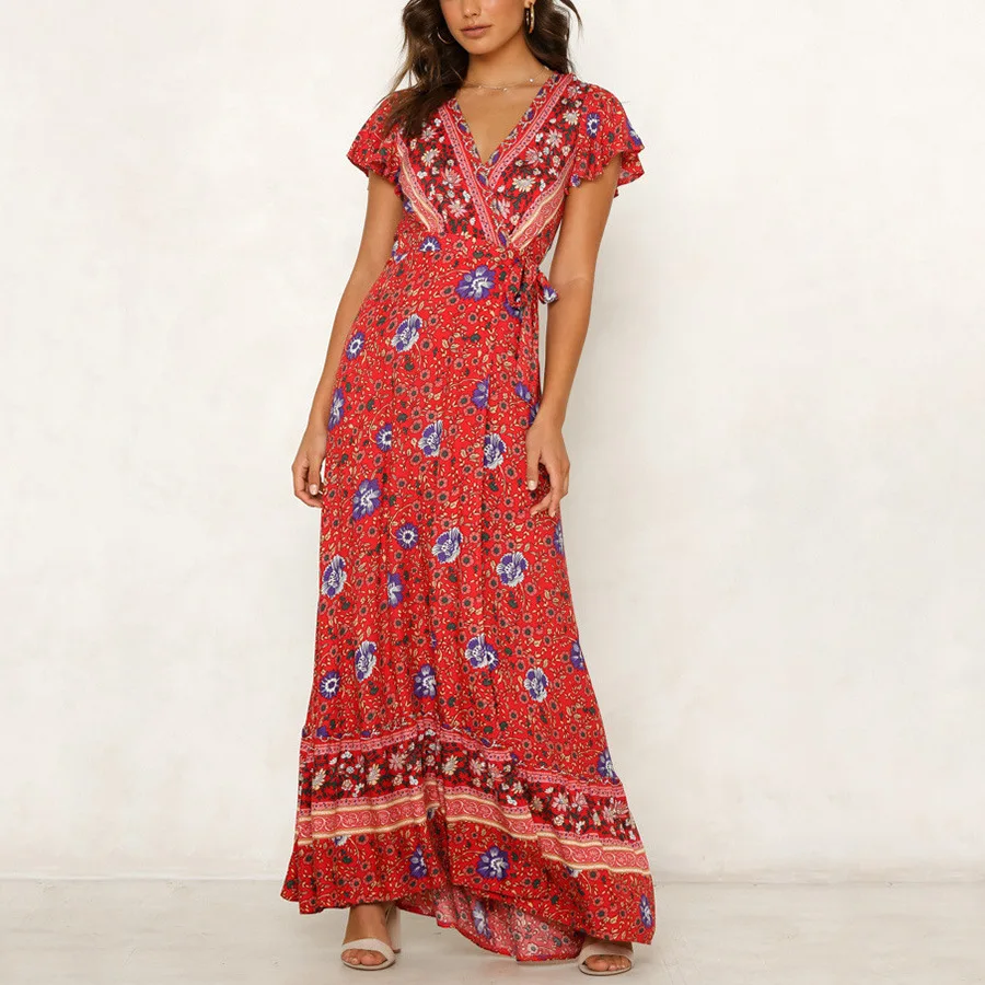 2022 Summer New Simple and Fashionable V-neck Short-sleeved Lace-up Printed Slit Dress Women
2022 Summer New Simple and Fashionable V-neck Short-sleeved Lace-up Printed Slit Dress Women