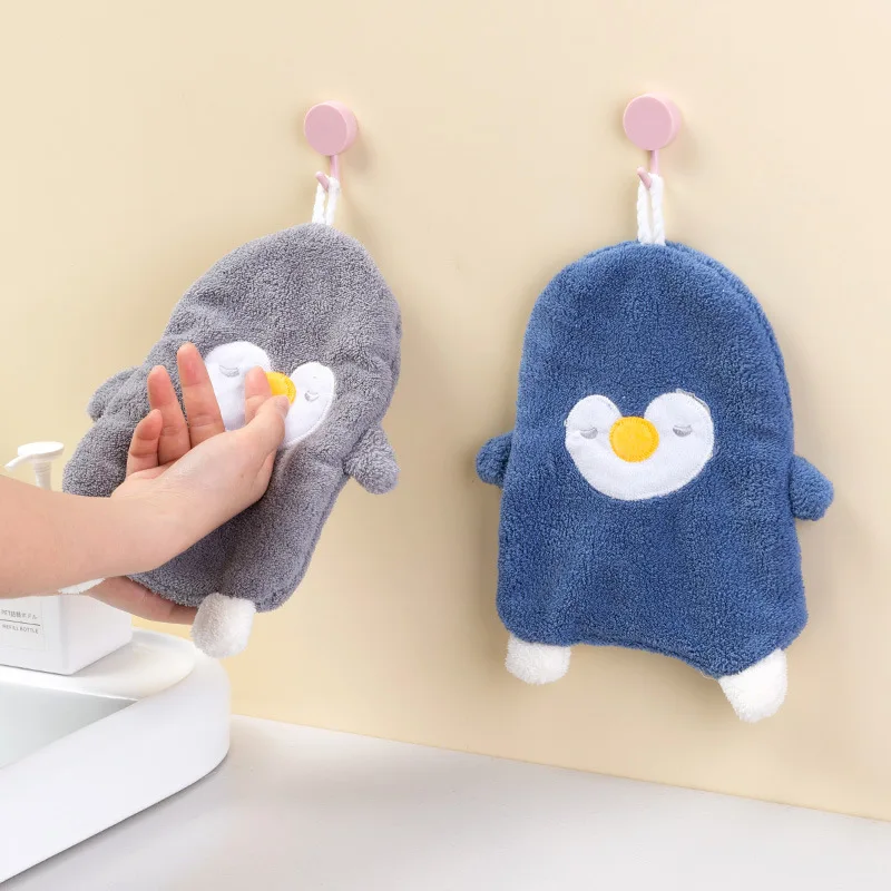 

Coral Fleece Hangable Thicken Towel Cartoon Penguin Towel Cute Absorbent Hand Towels Cleaning Cloth Rag Handkerchief