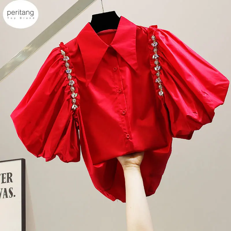 PERITANG 2023 New Autumn Summer Fashion Puff Sleeve Diamond Inlaid Chain Decoration Irregular Single Breasted Shirt Top
PERITANG 2023 New Autumn Summer Fashion Puff Sleeve Diamond Inlaid Chain Decoration Irregular Single Breasted Shirt Top