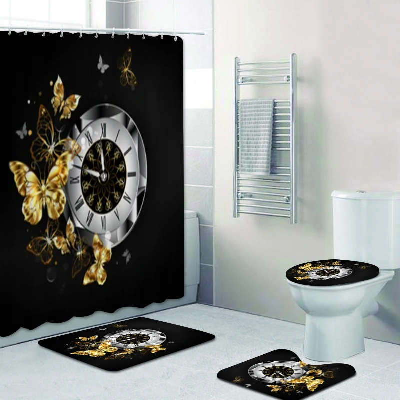 Luxury Antique Steampunk Clock with Flying Gold Jewelry Butterflies Bathroom Shower Curtain Set for Bathtub Toilet Mats Decor 
Luxury Antique Steampunk Clock with Flying Gold Jewelry Butterflies Bathroom Shower Curtain Set for Bathtub Toilet Mats Decor