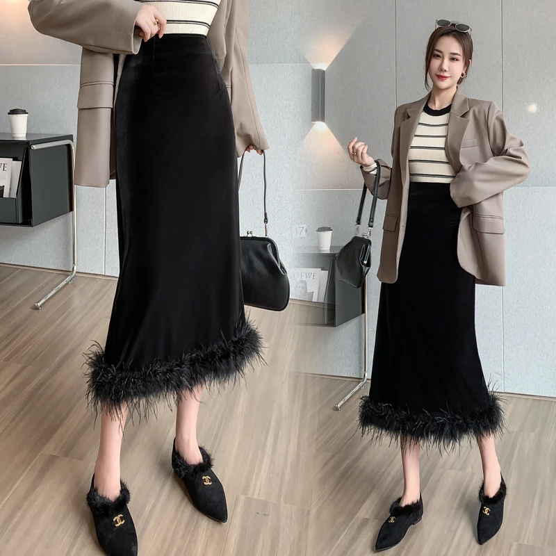 Черная бархатная юбка с перьями, Женская туника с высокой талией и разрезом, пикантные винтажные корейские Облегающие юбки, 2023, модные женские юбки 
Черная бархатная юбка с перьями, Женская туника с высокой талией и разрезом, пикантные винтажные корейские Облегающие юбки, 2023, модные женские юбки