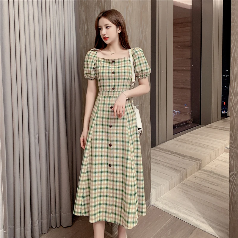 

Summer Women Cotton Assorted Mid-calf Vintage Dress Plaid Square Collar New Fashion Buttons Puff Short Sleeve Dresses Female