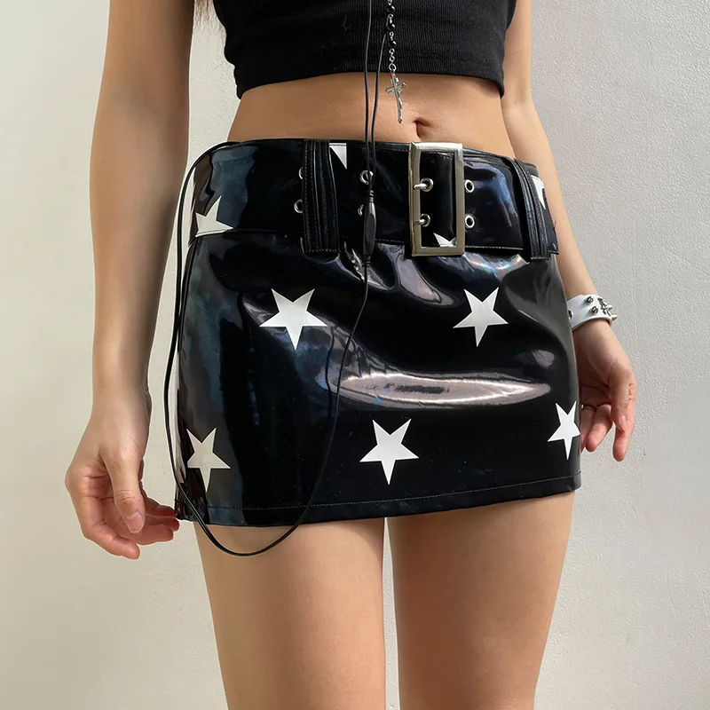 

Women Sexy Low Waisted Pencil Skirts Punk Grunge Star Pattern Pu Leather Mini Skirts Belt E-girl Gothic Dark Academia Mall Goth