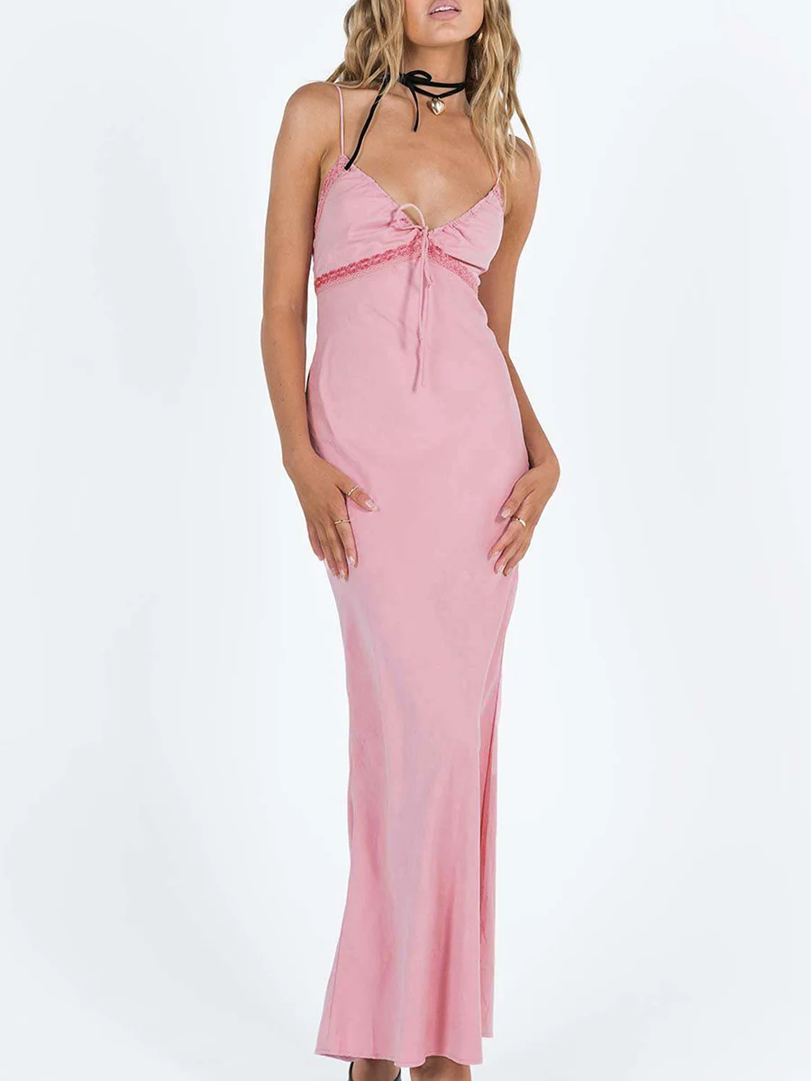 

Женское однотонное платье на бретелях-спагетти, летнее кружевное длинное платье с V-образным вырезом и кулиской для коктейля, пляжа, ночного клуба