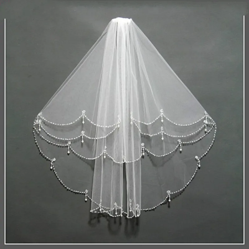 

Top Sale Real Beading Edge Wedding Bridal White Ivory Bride Two Layers Elbow Length Veil