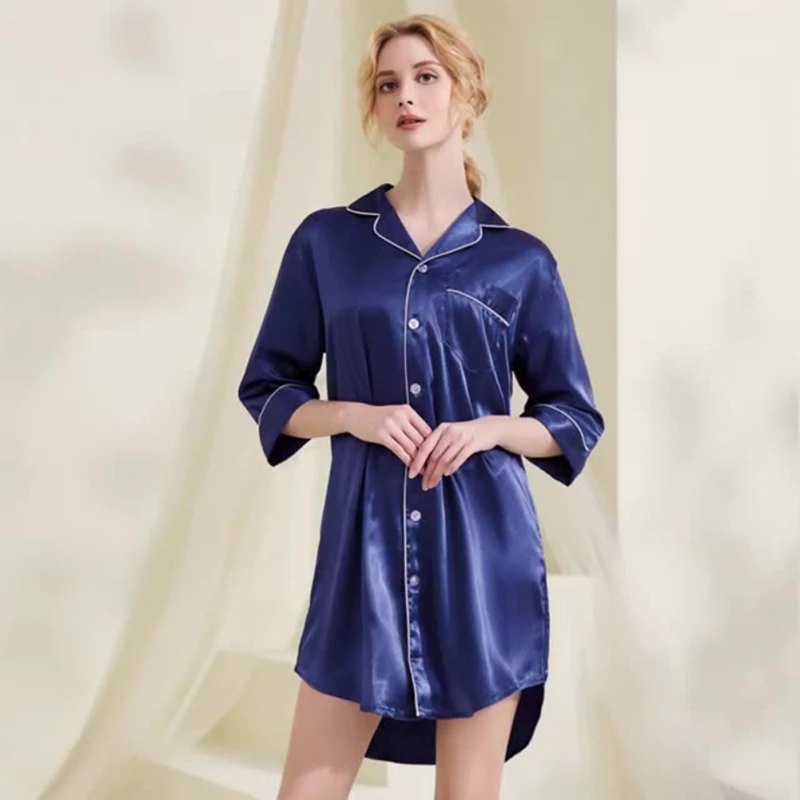 Women Summer Sexy Silk Night Dress V-neck Lapel Three Quarter Sleeves Nightwear Solid Breathable Satin Nightgowns Dress
Women Summer Sexy Silk Night Dress V-neck Lapel Three Quarter Sleeves Nightwear Solid Breathable Satin Nightgowns Dress